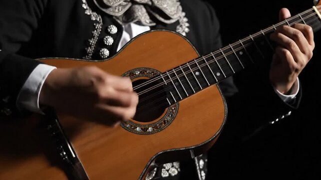 Close-up of a mariachi musician strumming a guitar, showcasing intricate fretwork and traditional attire against a dark background