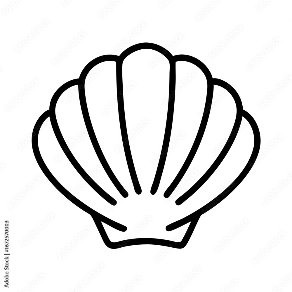 Poster seashell outline vector drawing of a scallop shell for summer beach and ocean themed design needs
