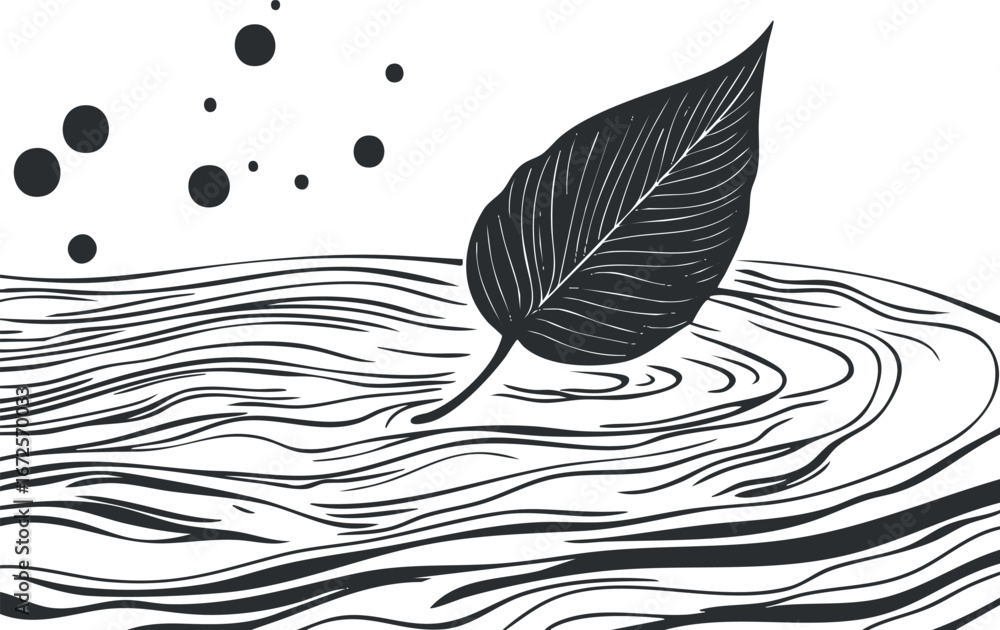 Poster black and white illustration of a single leaf floating on water with ripples and circular patterns