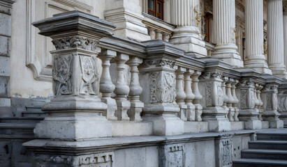 Stone pillars row and stairs detail. Classical buildng facade