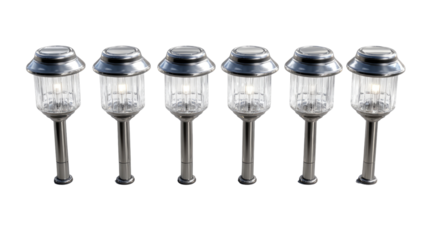 Six solar-powered outdoor pathway lights.  Dark gray metal bases, clear glass shades, and a simple lantern-like design