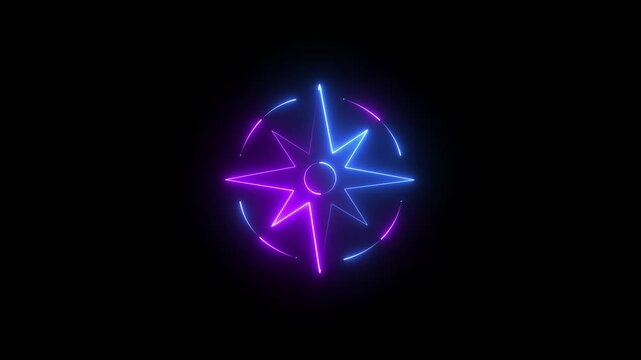 A glowing neon compass arrows icon animation video on black background icon GPS road navigation silhouette logo travel icon. compass rose spinning over  symbolizing exploration and navigation.