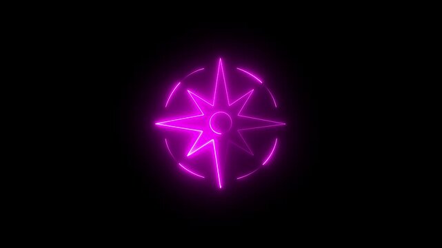 A glowing neon compass arrows icon animation video on black background icon GPS road navigation silhouette logo travel icon. compass rose spinning over  symbolizing exploration and navigation.