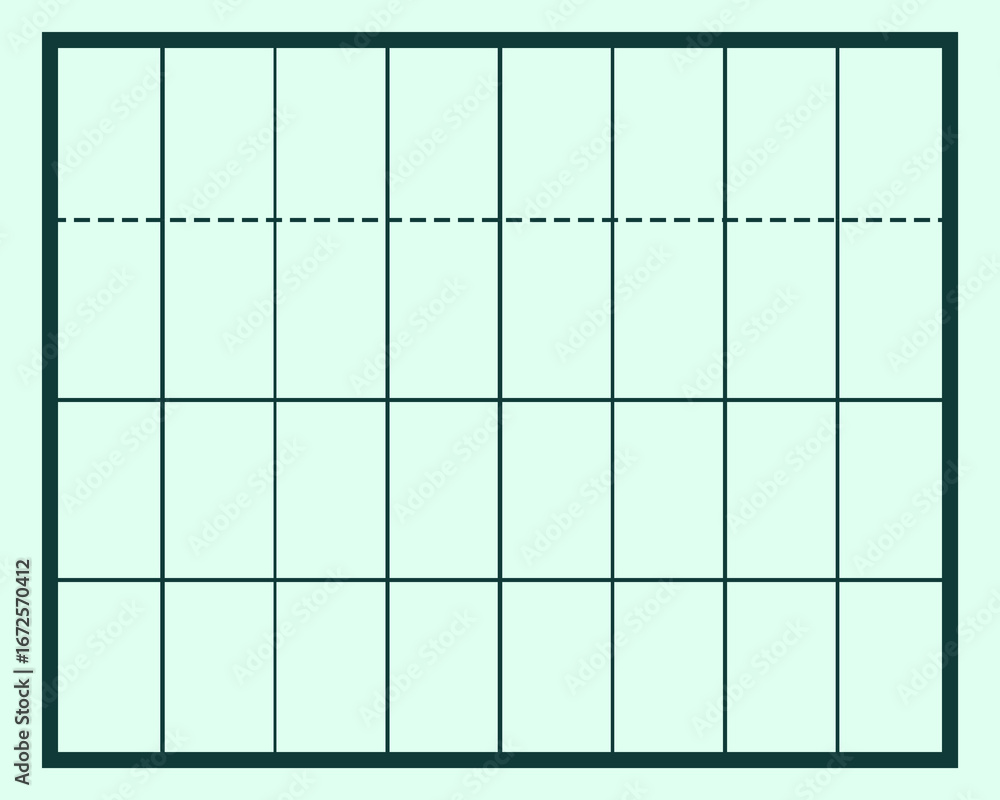 Poster grid pattern with dashed line on light background.