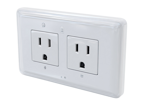 White dual outlet wall plate, angled view.  Features a clear plastic bezel, two grounded US electrical outlets, and small indicator lights