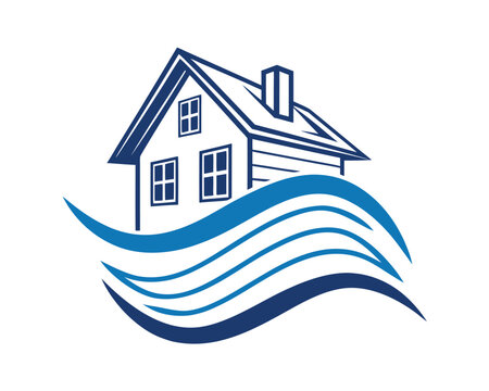 House with water waves abstract logo design template for real estate and insurance companies property safety and flood protection concepts in blue