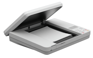 A light gray flatbed scanner, angled, showing open lid, with a sheet of white paper inside
