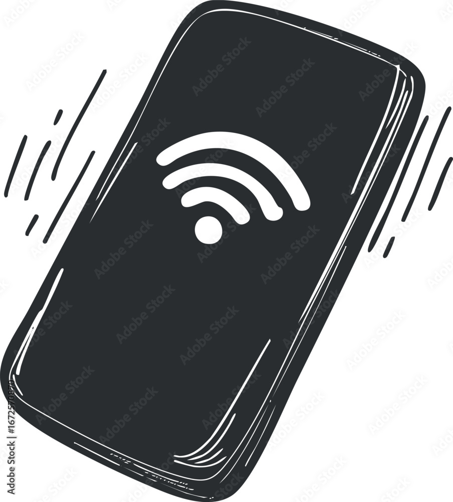 Poster black and white illustration of a smartphone displaying a wifi signal icon representing wireless int