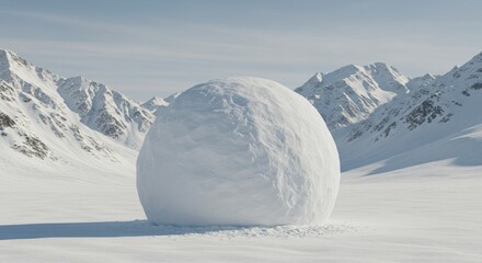 Large snowball sits in snowy valley mountains in distance clear sky