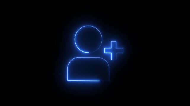 Glowing profile add user icon animation on black background .Looped Neon Lines abstract contact with add friend icon animation plus sign add member head face people man profile animated .