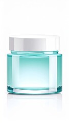 Isolated Turquoise Glass Jar with a White Lid for Cosmetic Products on White Table