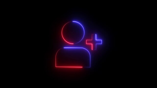 Glowing profile add user icon animation on black background .Looped Neon Lines abstract contact with add friend icon animation plus sign add member head face people man profile animated .