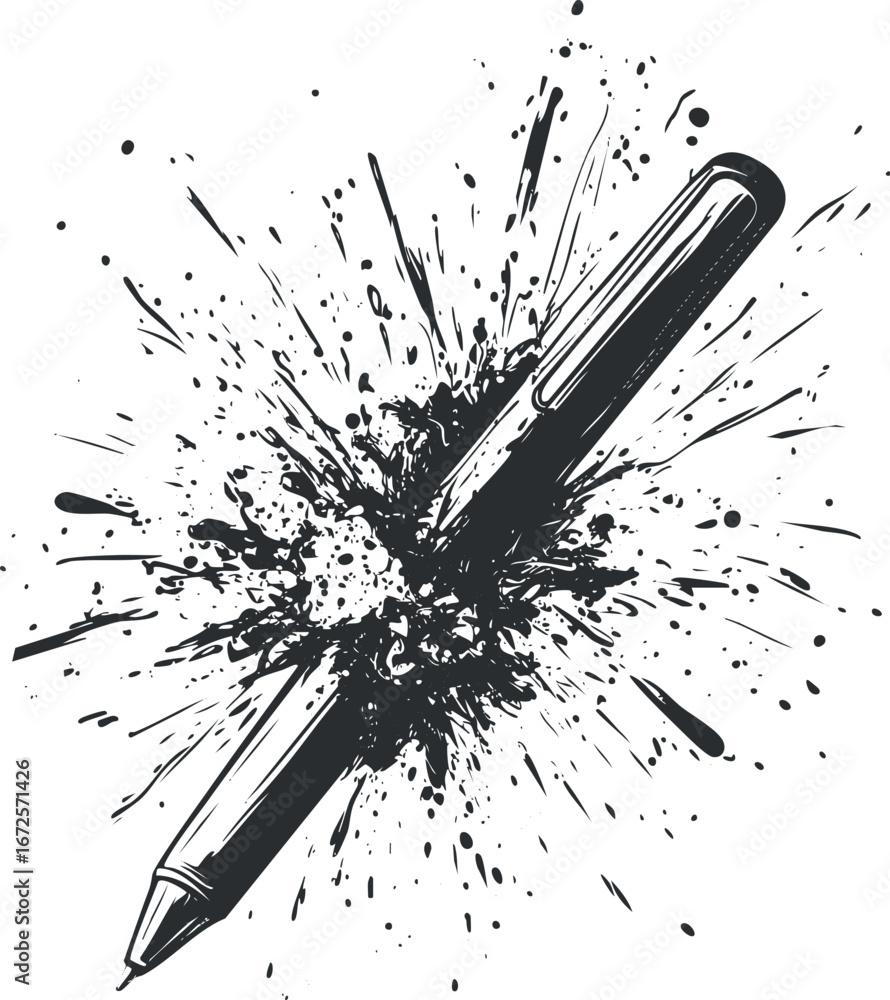Poster black ink pen with ink splatter effect creating dynamic artistic splash on white background