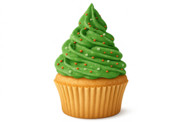 Christmas cupcake with green frosting shaped like christmas tree on transparent background