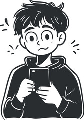 Black and white cartoon illustration of a confused boy holding a smartphone with a puzzled expression.