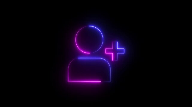 Glowing profile add user icon animation on black background .Looped Neon Lines abstract contact with add friend icon animation plus sign add member head face people man profile animated .