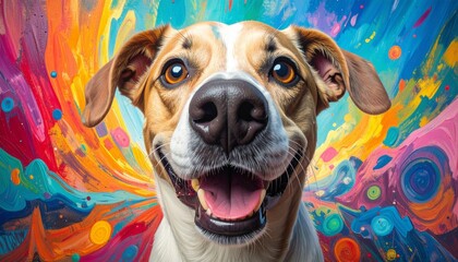 Joyful Dog Portrait Against a Vibrant and Colorful Abstract Background with Swirling Patterns, Showcasing Happiness and Playfulness