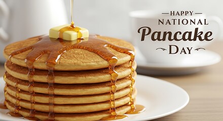 Delicious stack of pancakes with butter and syrup for National Pancake Day food breakfast