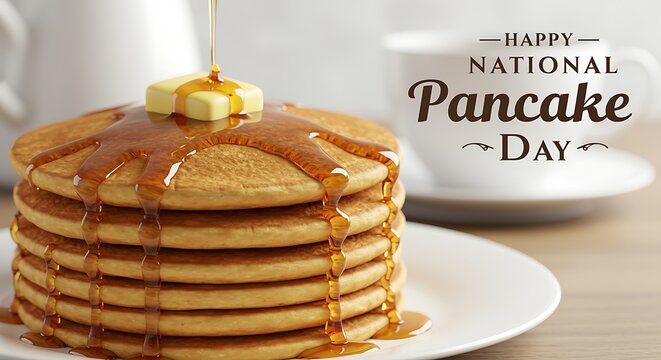 Delicious stack of pancakes with butter and syrup for National Pancake Day food breakfast - Powered by Adobe