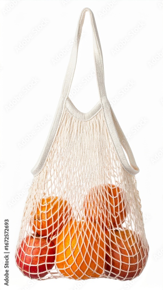 Poster beige string bag with fresh oranges and red apples on white background