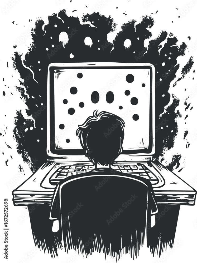 Poster black and white illustration of a boy sitting at a desk using a computer with abstract shapes on the