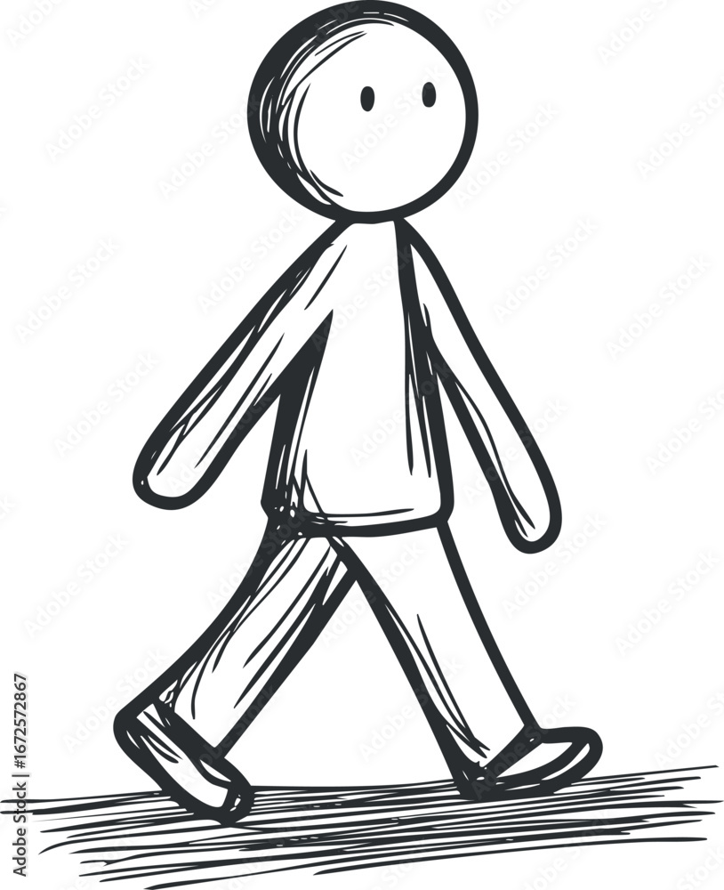 Poster simple black and white sketch of a stick figure walking in casual motion with minimalistic style