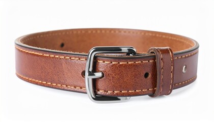 Brown Leather Dog Collar with Metal Buckle Isolated on White Background