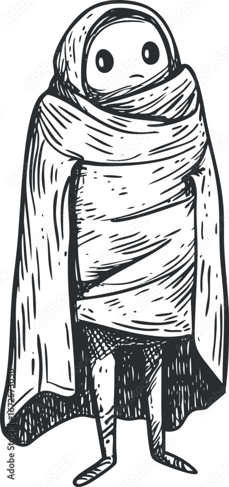 Poster black and white sketch of a character wrapped in a large scarf or cloak, standing with a simple expr