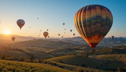 Obraz premium Bright Hot Air Balloons Floating Over Vineyards and Rolling Hills at Dawn