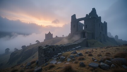 Fototapeta premium Ancient Scottish Highland Castle Ruins at Dawn, Shrouded in Mist
