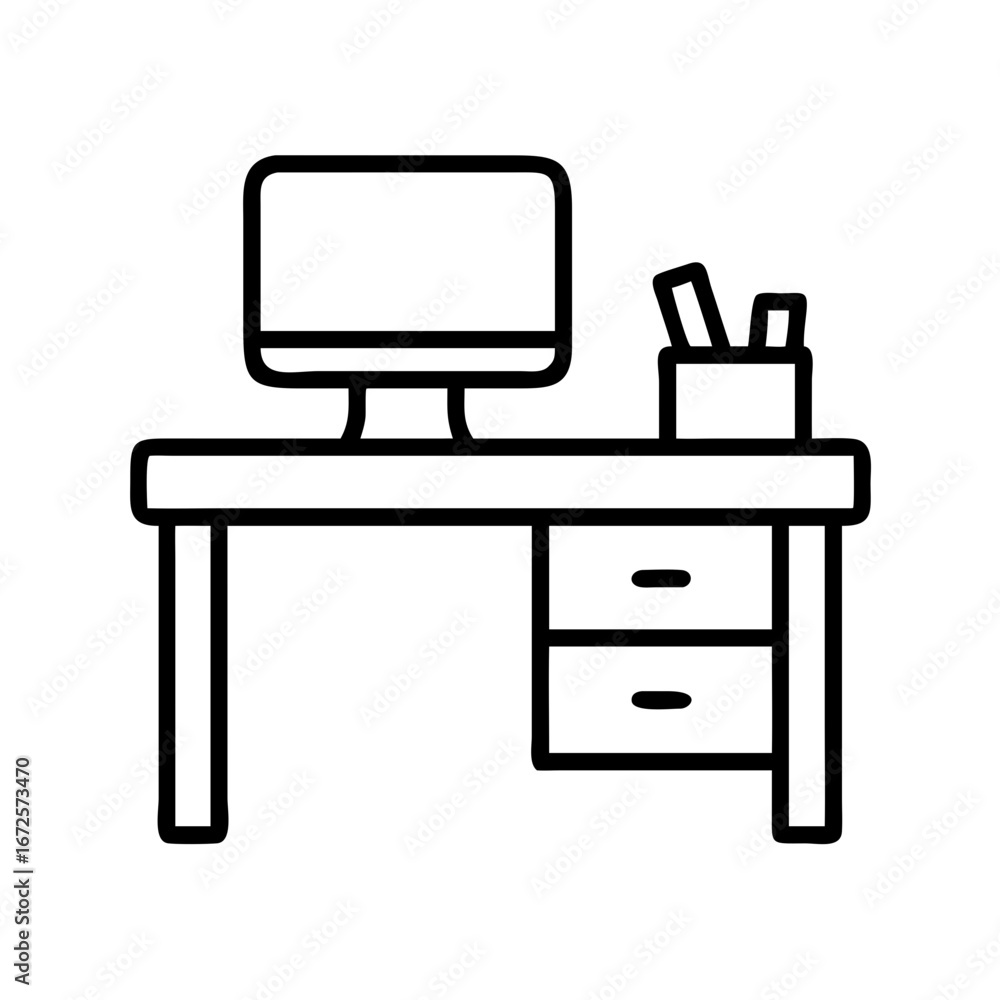 Poster office desk with computer and drawers vector icon workspace furniture study table line art design 90