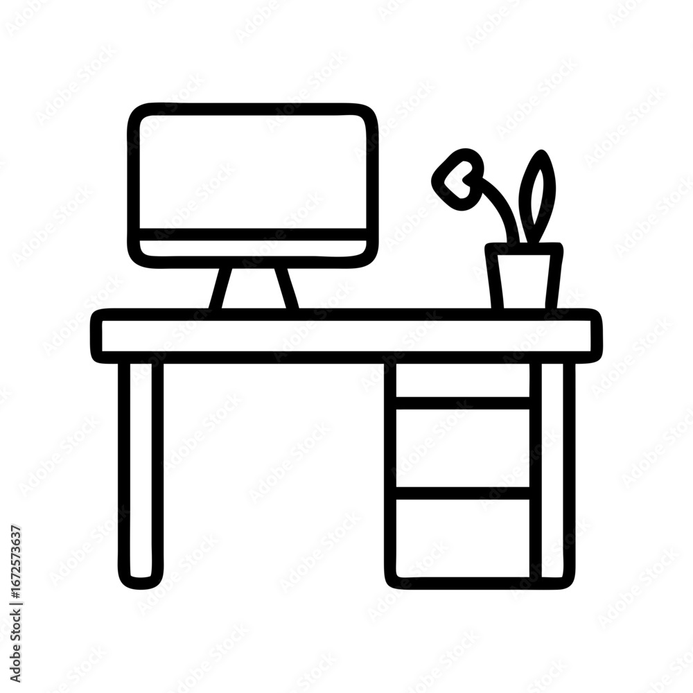 Poster office desk with computer and plant vector icon for workspace design and decoration concept