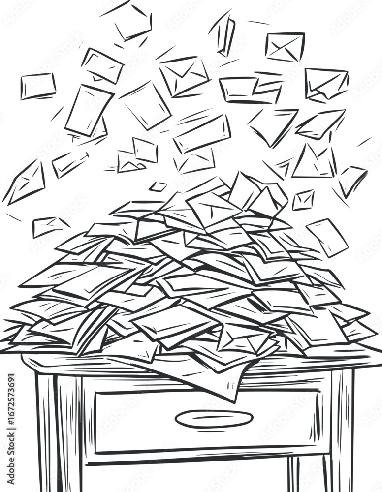 Poster black and white sketch of a large pile of envelopes overflowing from a desk representing mail and co