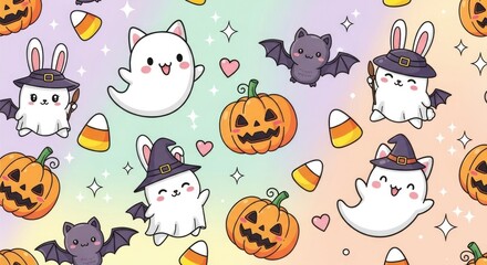 Fototapeta premium Cute Halloween-themed illustration featuring playful ghosts, adorable bats, pumpkins, and candy corn, creating a whimsical and festive atmosphere for seasonal celebrations