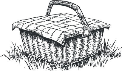 Obraz premium Black and white hand-drawn illustration of a picnic basket with a checkered cloth cover on grass.