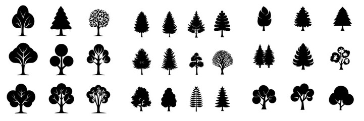 Fototapeta premium The Tree Icons Set offers a compilation of 9 minimalist tree icons suitable for incorporation into a website, application, or design undertaking, with each icon embodying simplicity, cleanliness, and