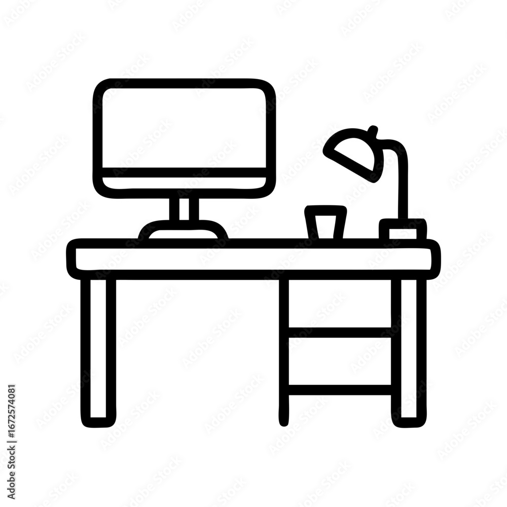 Poster office desk setup with computer monitor lamp and cup for workspace productivity and study area