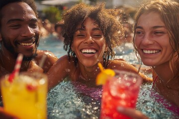 Friends enjoying a lively summer day splashing in the pool with colorful drinks and joyful laughter all around