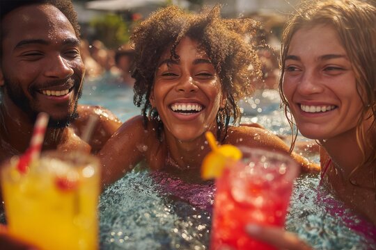 Friends enjoying a lively summer day splashing in the pool with colorful drinks and joyful laughter all around