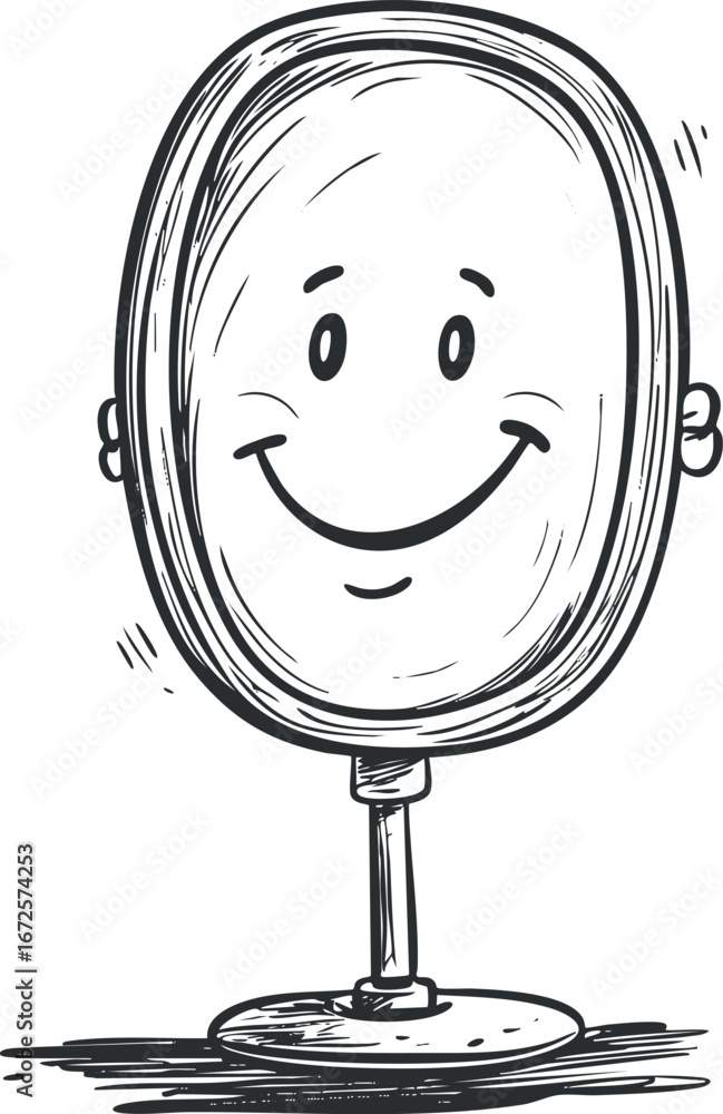 Poster hand-drawn illustration of a smiling face reflected in a standing mirror with a simple sketch style