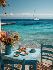 Turquoise table, seaside breakfast, vibrant flowers, sailboat