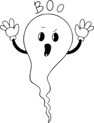 Cute ghost saying Boo in rubber hose style black and white
