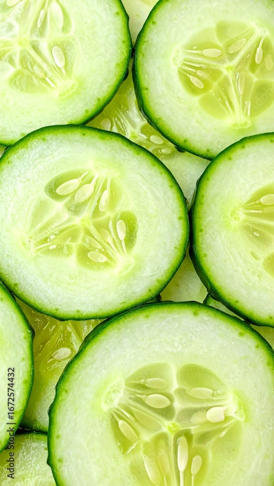 Poster close up of many sliced green cucumbers showing freshness and texture
