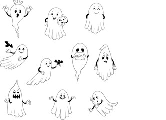 Set of 10 ghosts black and white rubber hose cartoon illustrations
