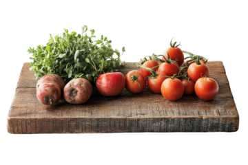 Tomatoes, onions, and greens arrangement on a natural wooden cutting board for cooking preparation and healthy lifestyle choices