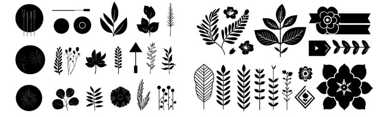 Obraz premium A set of graphic resources comprising brutalist shapes, floral ornaments, and abstract patterns in a mix of black, white, and vibrant colors, including plants and flowers