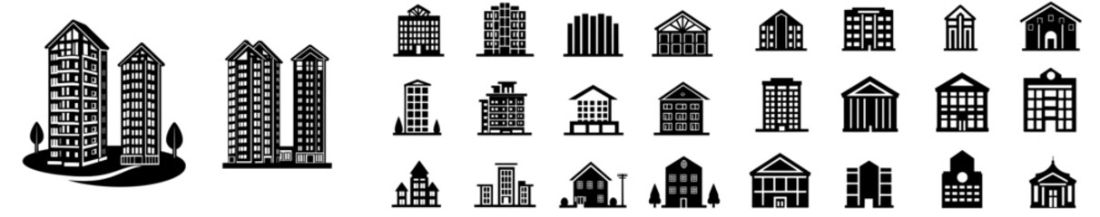 Fototapeta premium The modern icon set for buildings, apartments, and logos features editable strokes and illustrations
