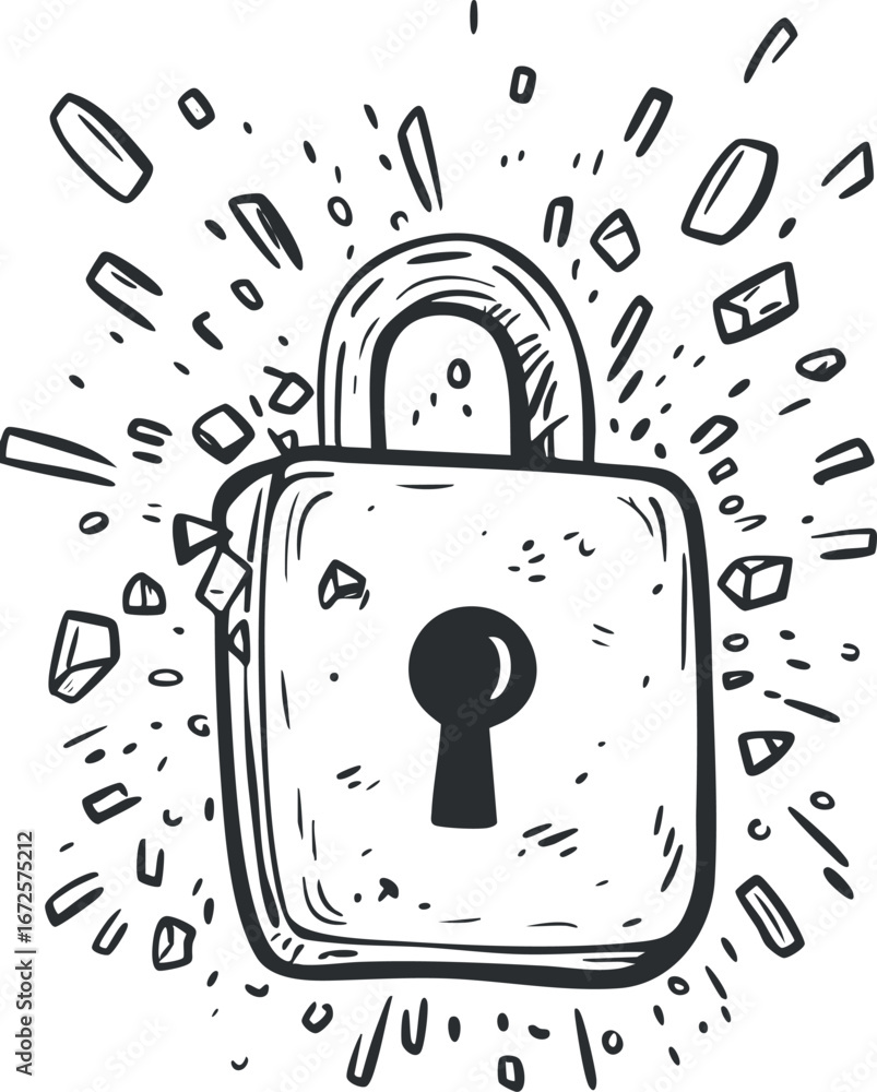 Poster black and white hand drawn illustration of a secure padlock with keyhole and broken fragments around
