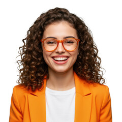 Obraz premium Smiling young woman with curly hair wearing orange blazer and glasses isolated on transparent background
