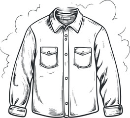 Black and white sketch illustration of a casual long sleeve shirt with buttons and two chest pockets